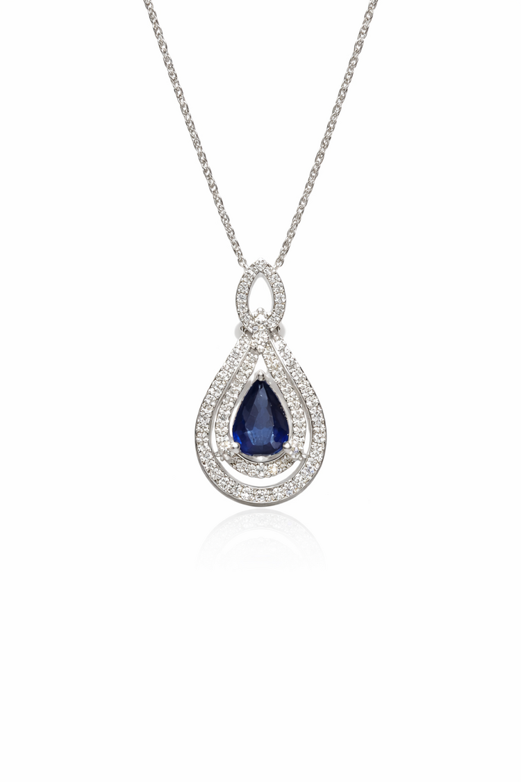 70663 14K WHITE GOLD .30 CTW DIAMOND DOUBLE HALO PEAR SHAPE SAPPHIRE PENDANT SET