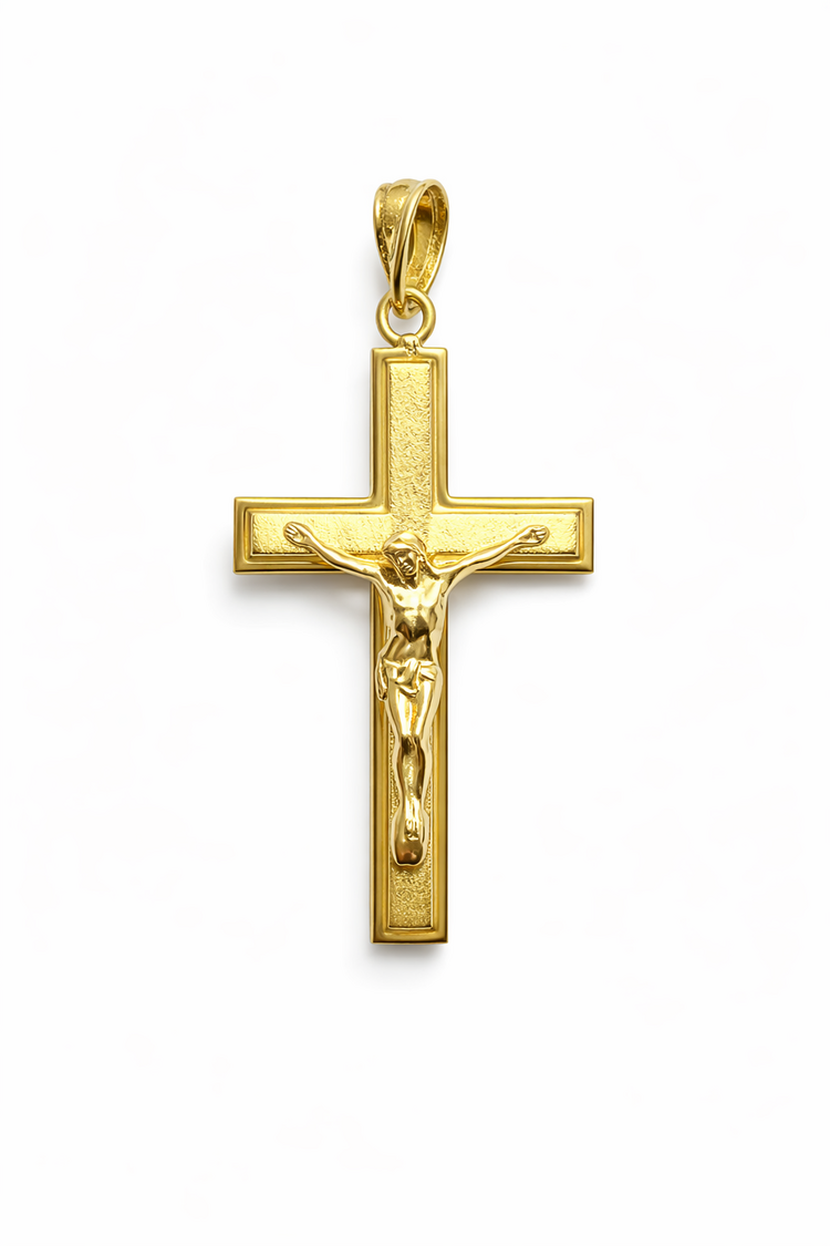 77423 14K YELLOW GOLD HIGH POLISH SATIN FINISH CENTRE CRUCIFIX 1.5”