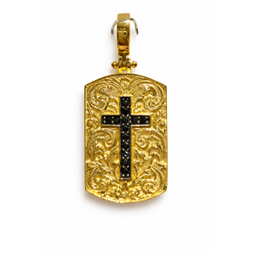77431 14K YELLOW GOLD FLORAL DESIGN DOG TAG WITH BLACK DIAMOND CROSS
