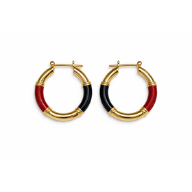 31696 14K YELLOW GOLD BLACK AND GLITTER BURGUNDY ENAMEL HOOPS