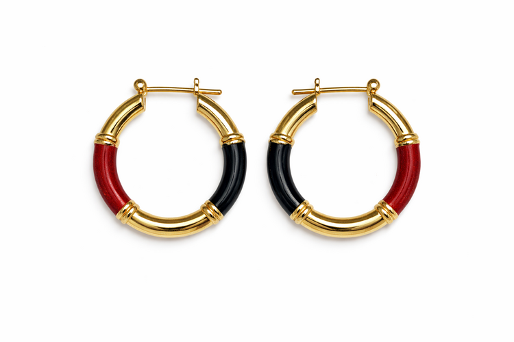 31696 14K YELLOW GOLD BLACK AND GLITTER BURGUNDY ENAMEL HOOPS