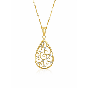 70644 14K TWO TONE DIAMOND CUT TEARDROP CUT-OUT FILIGREE PENDANT