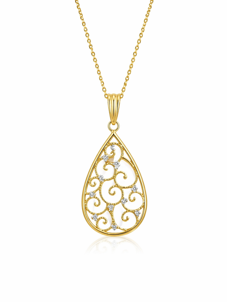 70644 14K TWO TONE DIAMOND CUT TEARDROP CUT-OUT FILIGREE PENDANT