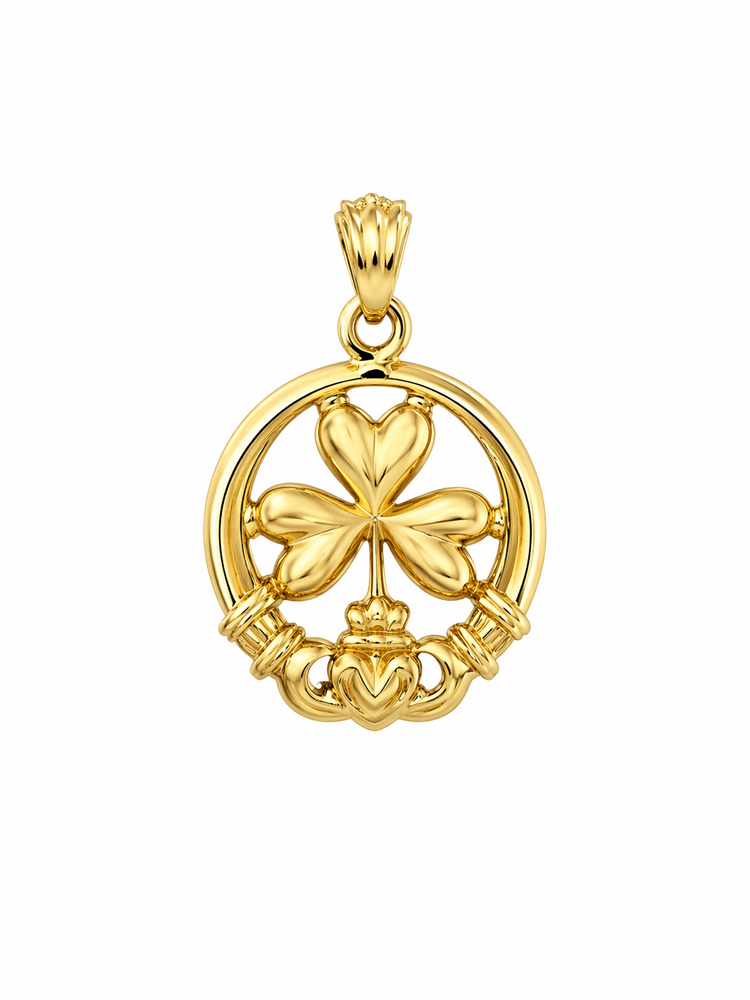 78158 14K YELLOW GOLD SHAMROCK WITH CLADDAGH CIRCULAR MEDAL