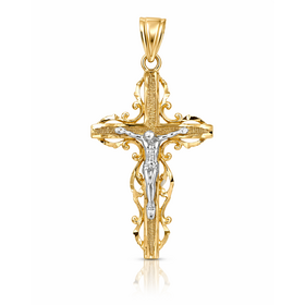 77255 14K YELLOW AND ROSE GOLD LACE TRIM CRUCIFIX 1.25''
