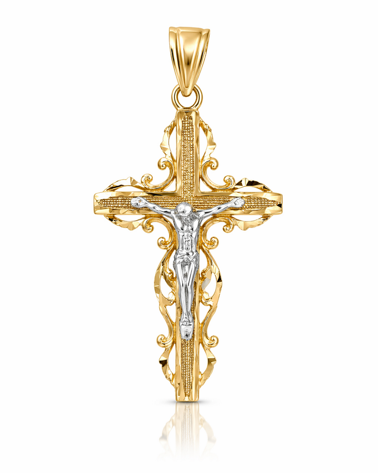 77255 14K YELLOW AND ROSE GOLD LACE TRIM CRUCIFIX 1.25''