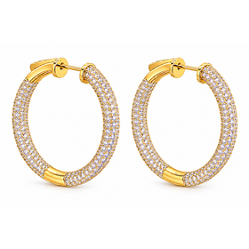 80039 STERLING SILVER GOLD PLATED 1.5" 5.4MM PAVE CUBIC ZIRCONIA HOOPS