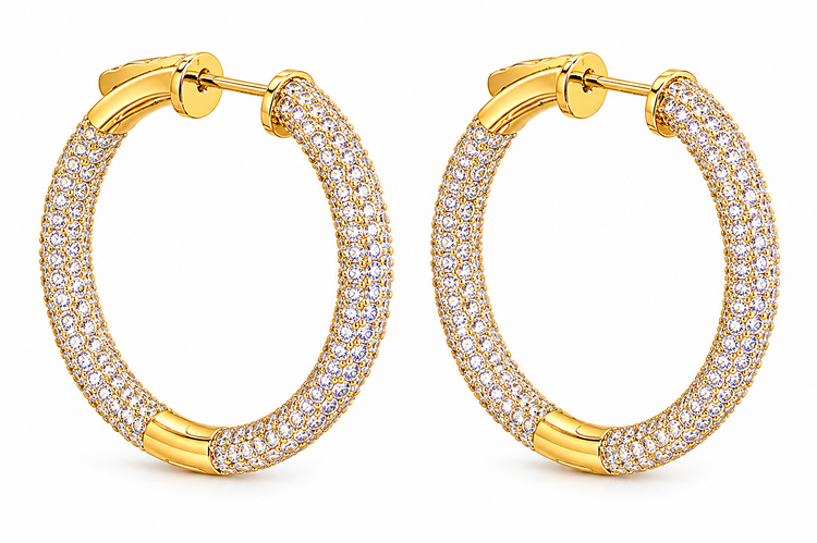 80039 STERLING SILVER GOLD PLATED 1.5" 5.4MM PAVE CUBIC ZIRCONIA HOOPS