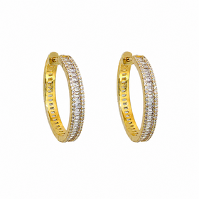 D-7240 STERLING SILVER GOLD PLATED BAGUETTE CUBIC ZIRCONIA 30MM  HOOP EARRINGS
