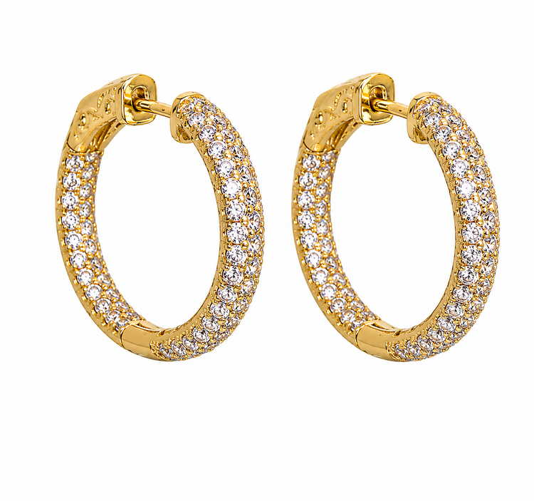 80038 STERLING SILVER GOLD PLATED 1" 4.2MM PAVE SET CUBIC ZIRCONIA HOOPS
