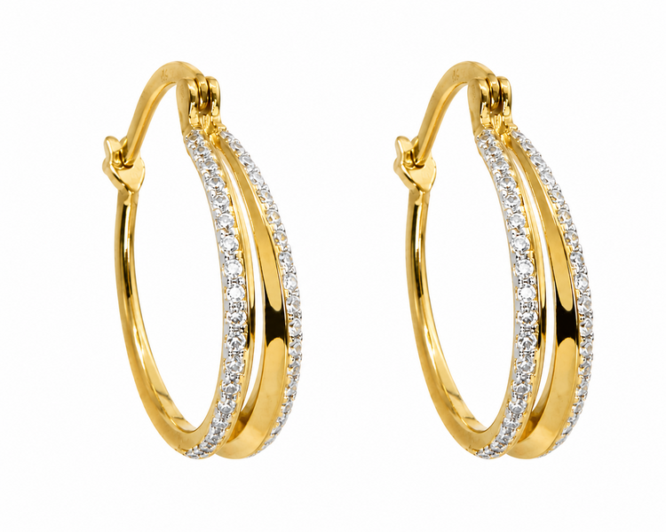 D-7849 STERLING SILVER GOLD PLATED DOUBLE CUBIC ZIRCONIA HOOP EARRINGS