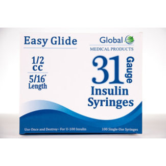 Global Medical Products Insulin Syringes with  5/16" 31G needle, Box of 100