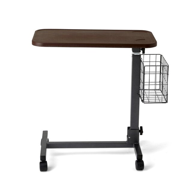 Medline Fold-Flat Overbed Table, Height Adjustable w/ Basket (Walnut)