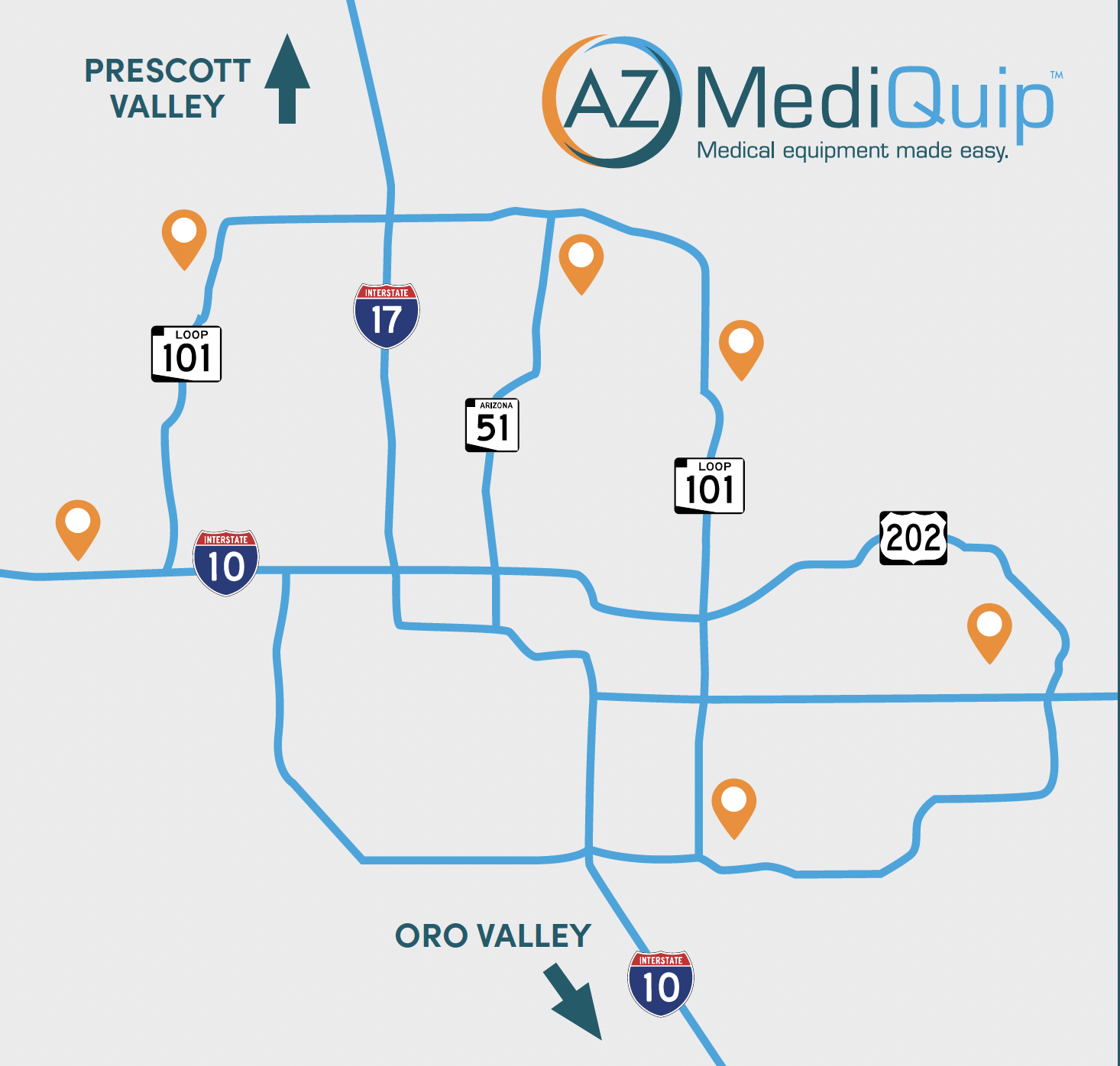 Experience AZ MediQuip's showrooms in Scottsdale, Goodyear, Chandler, Mesa, Peoria, Phoenix, Oro Valley, and Prescott Valley.