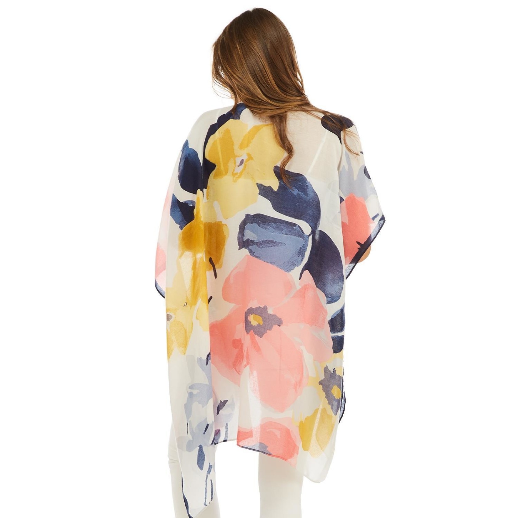 Two's Company Lessley Abstract Multicolor Flower Kimono with Navy Border