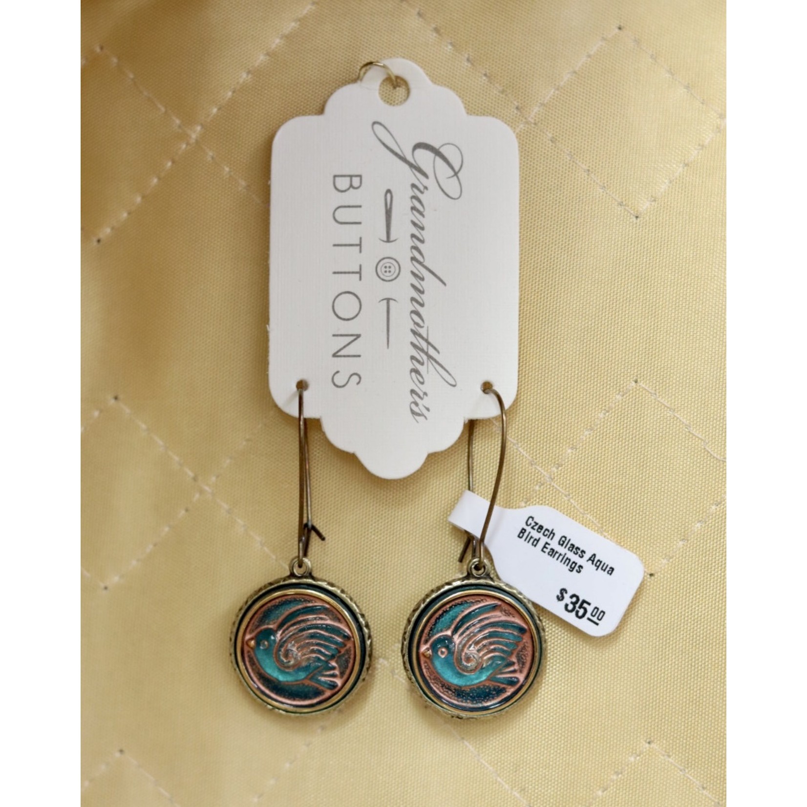 Grandmother's Buttons Czech Glass Aqua Bird Earrings