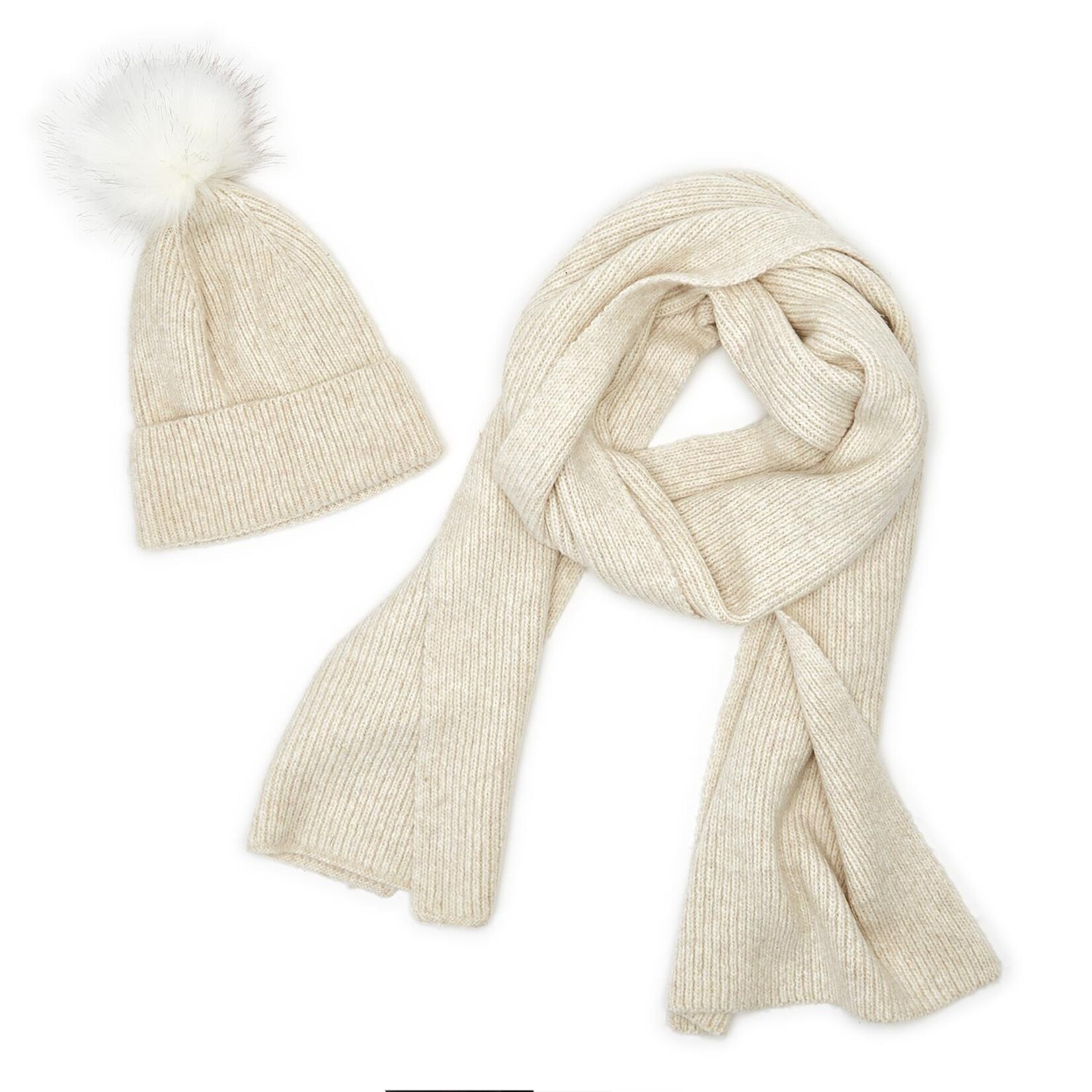 Two's Company Dynamic Duo Softer than Cashmere Knit Hat with Faux Fur Pom and Coordinating Knit Scarf
