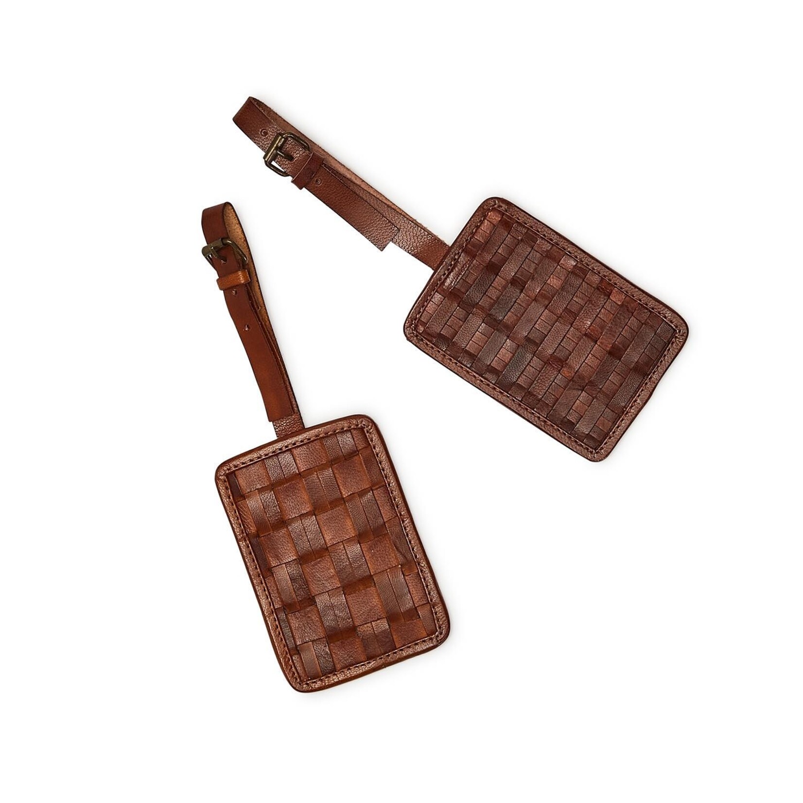 Two's Company CHESTNUT WOVEN LEATHER LUGGAGE TAG A/2 PATTERNS