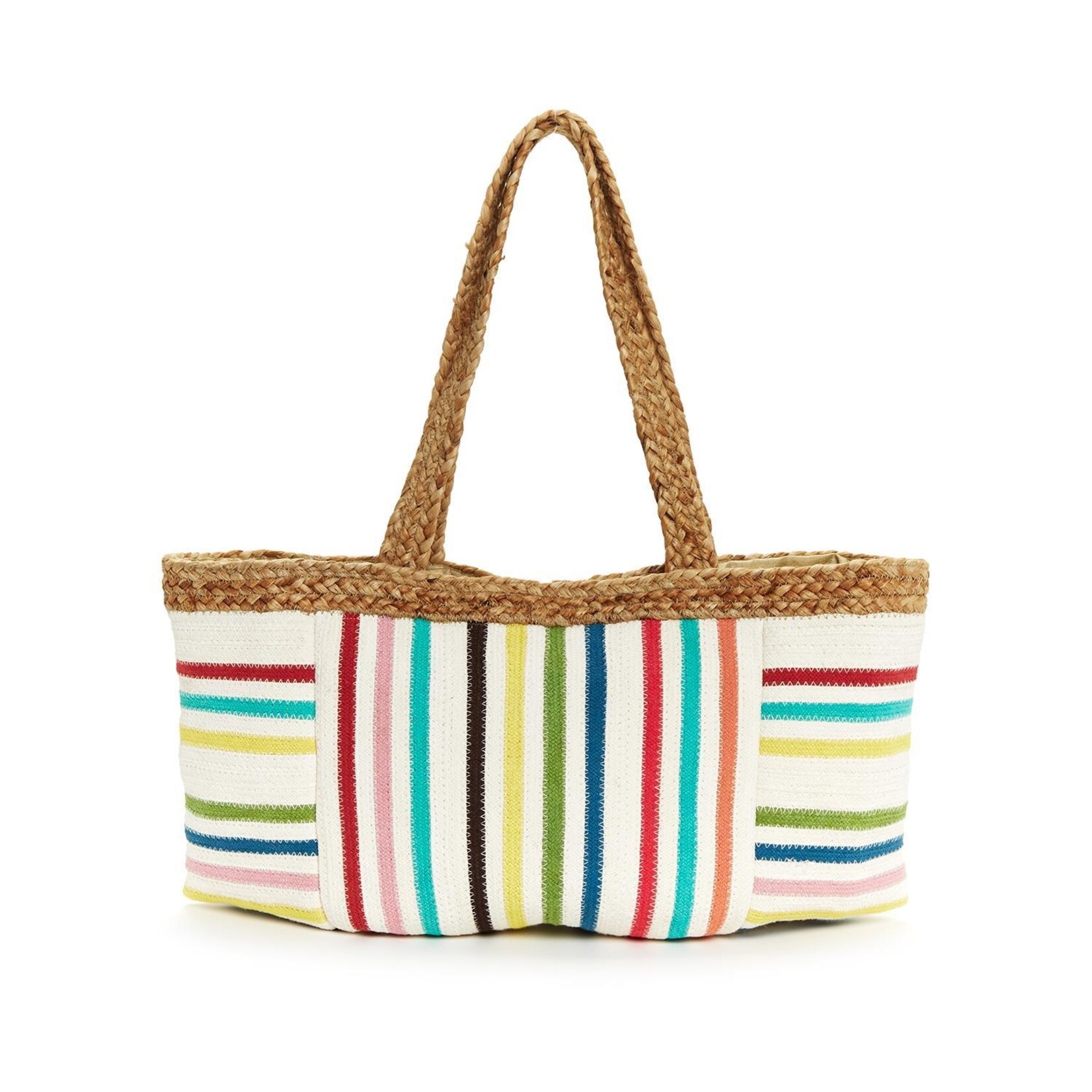 Two's Company, Inc. Powerful Stripes Multi Colored Stripes Woven Jute Tote Bag with Snap Closure and Lined Interior