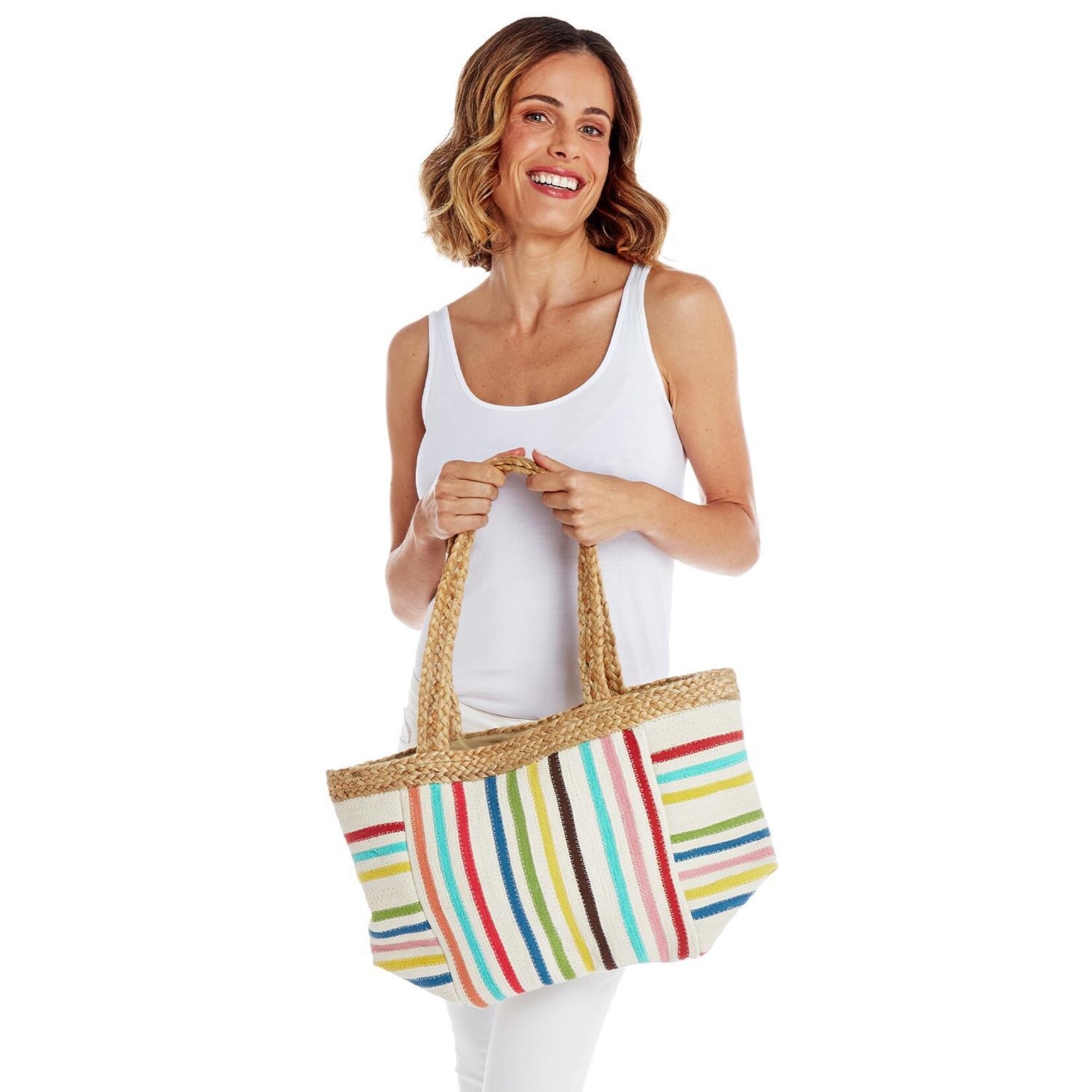 Two's Company, Inc. Powerful Stripes Multi Colored Stripes Woven Jute Tote Bag with Snap Closure and Lined Interior