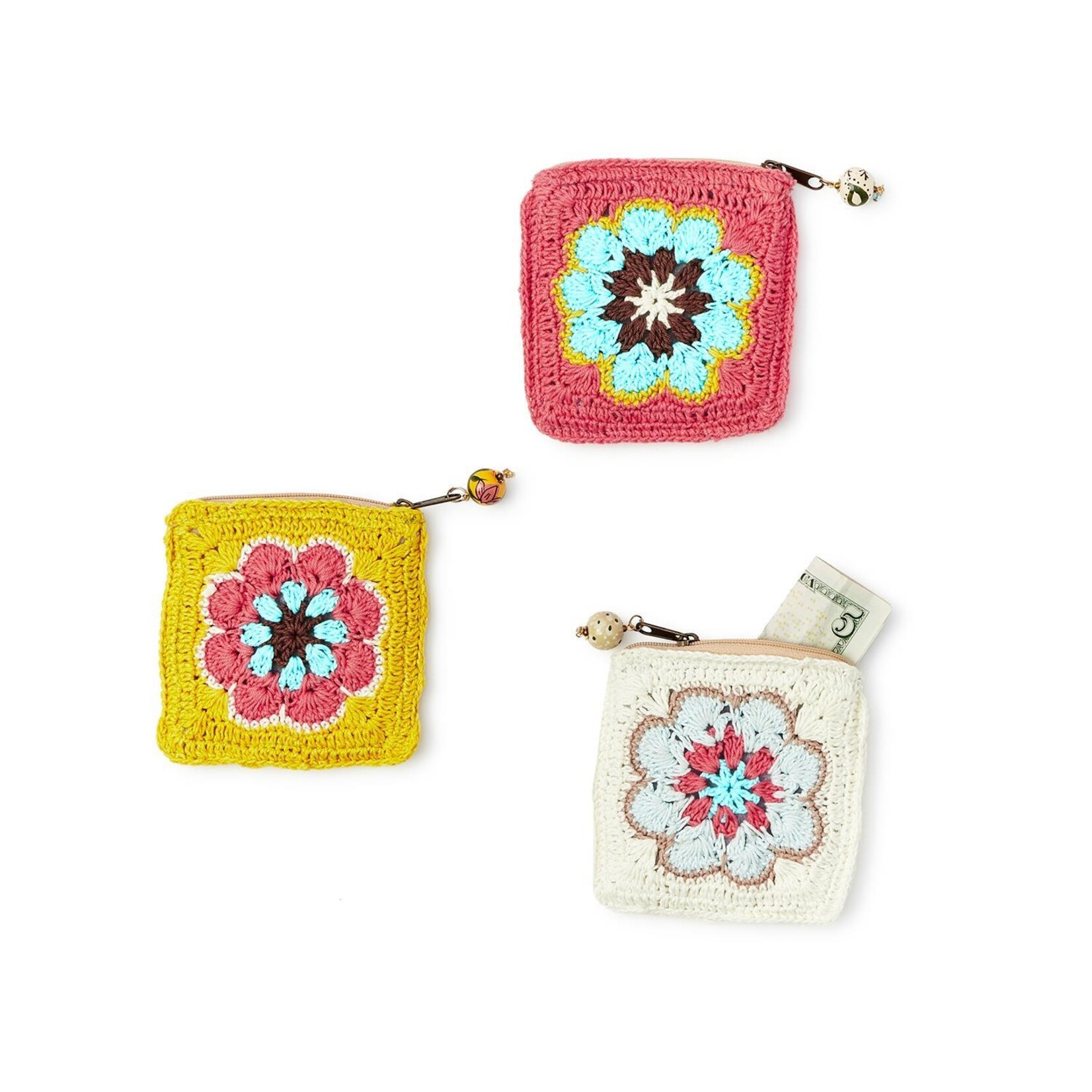 Two's Company Petals and Pennies Cotton Crochet Coin Purse with Hand Painted Bead Puller