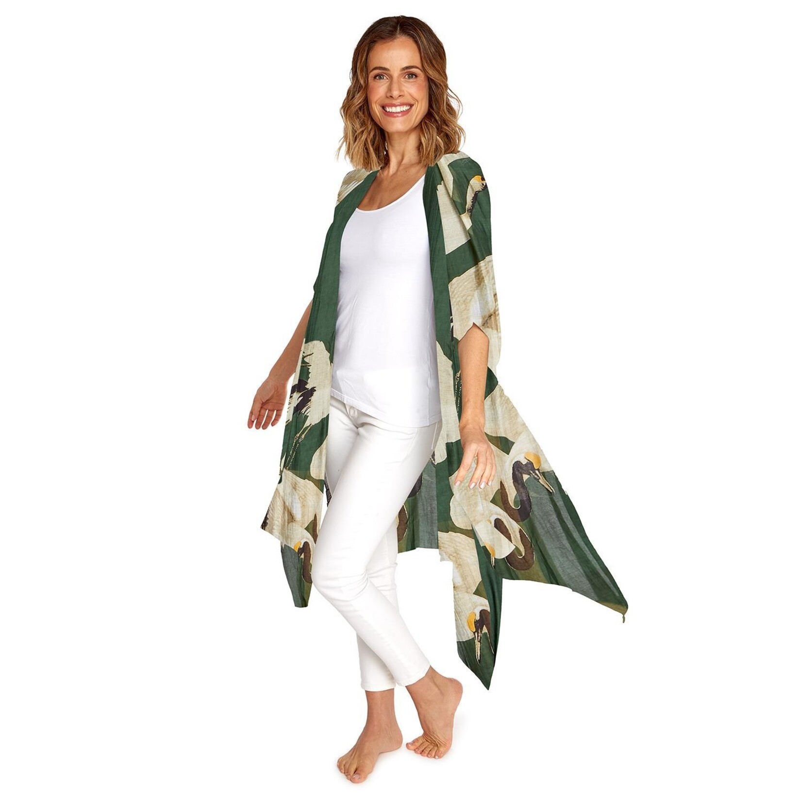 One Hundred Stars Heron Print Long Kimono, Forest Green