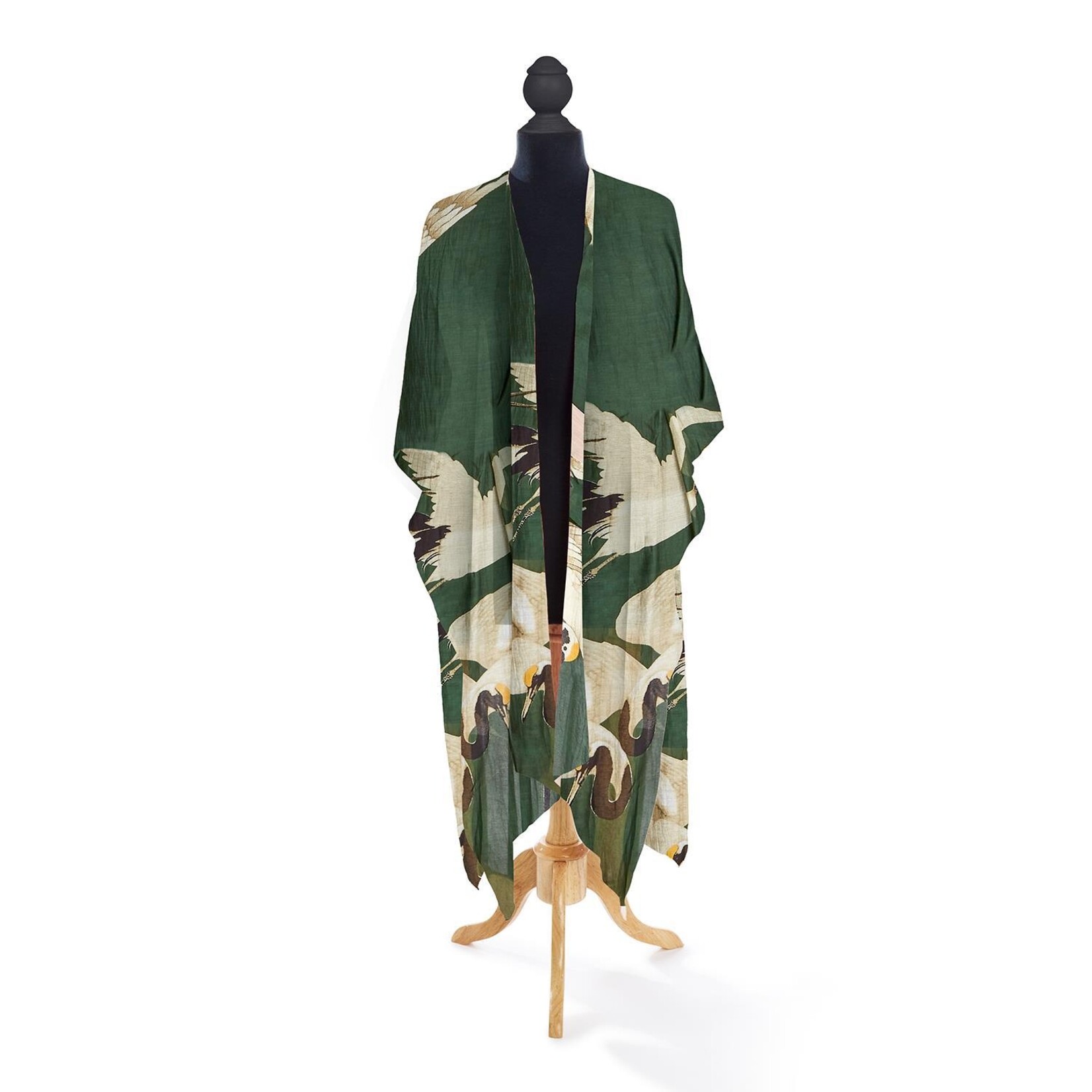 One Hundred Stars Heron Print Long Kimono, Forest Green