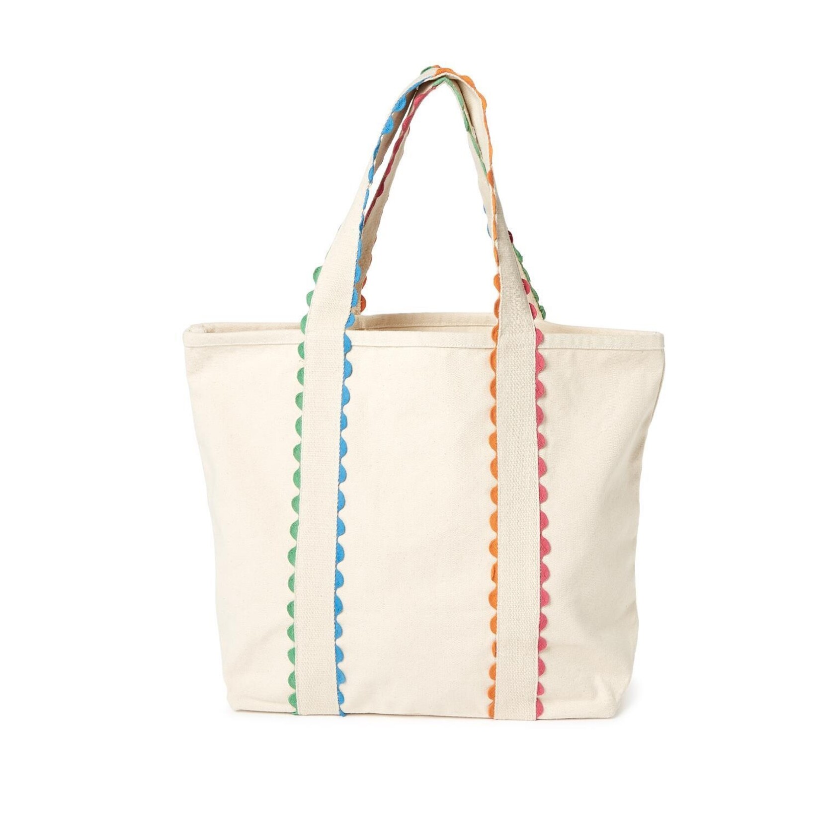 Two's Company Bright Side Colorful Ric Rac Trim Tote in Natural with Rainbow Trim - Cotton