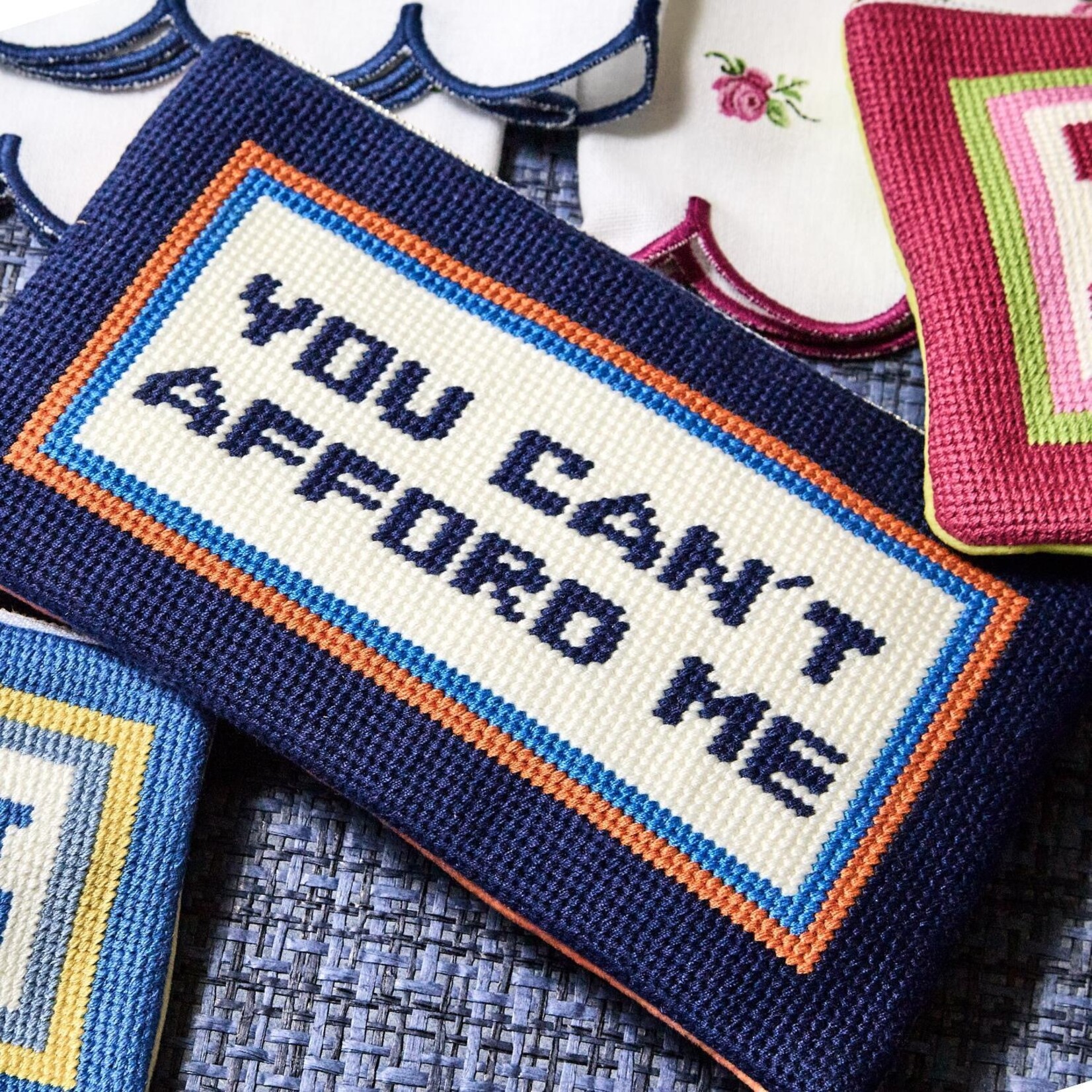 Two's Company "You Can't Afford Me" Multipurpose Needlepoint Pouch with Bird Charm Zipper Pull Designed by Boyar Gifts NYC