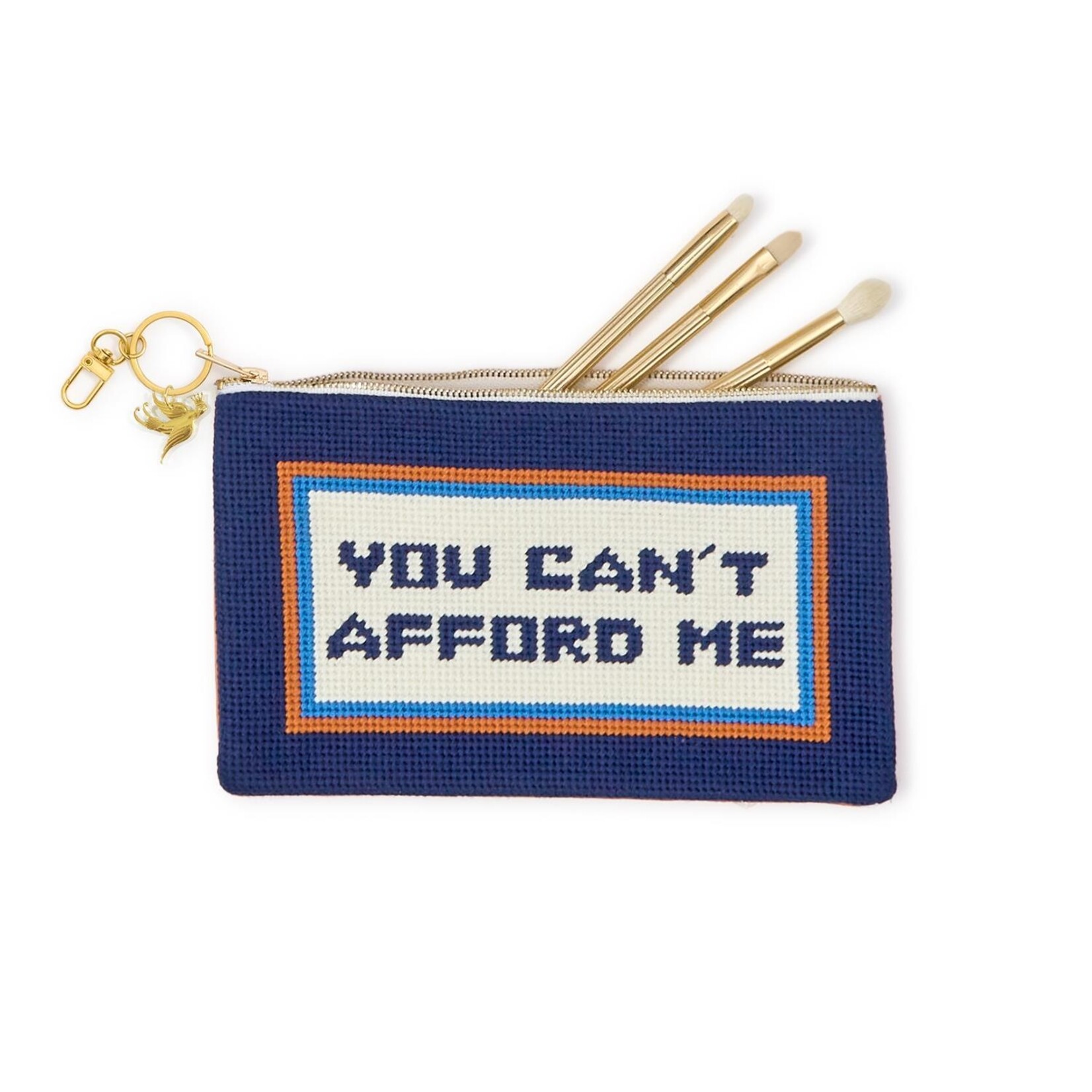 Two's Company "You Can't Afford Me" Multipurpose Needlepoint Pouch with Bird Charm Zipper Pull Designed by Boyar Gifts NYC