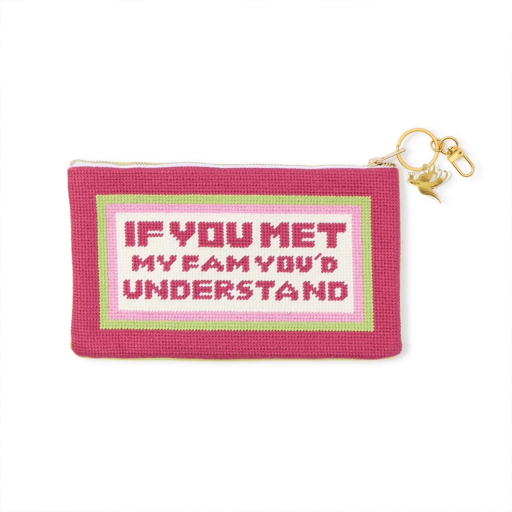 Two's Company "If You Met My Family" Multipurpose Needlepoint Pouch with Bird Charm Zipper Pull Designed by Boyar Gifts NYC