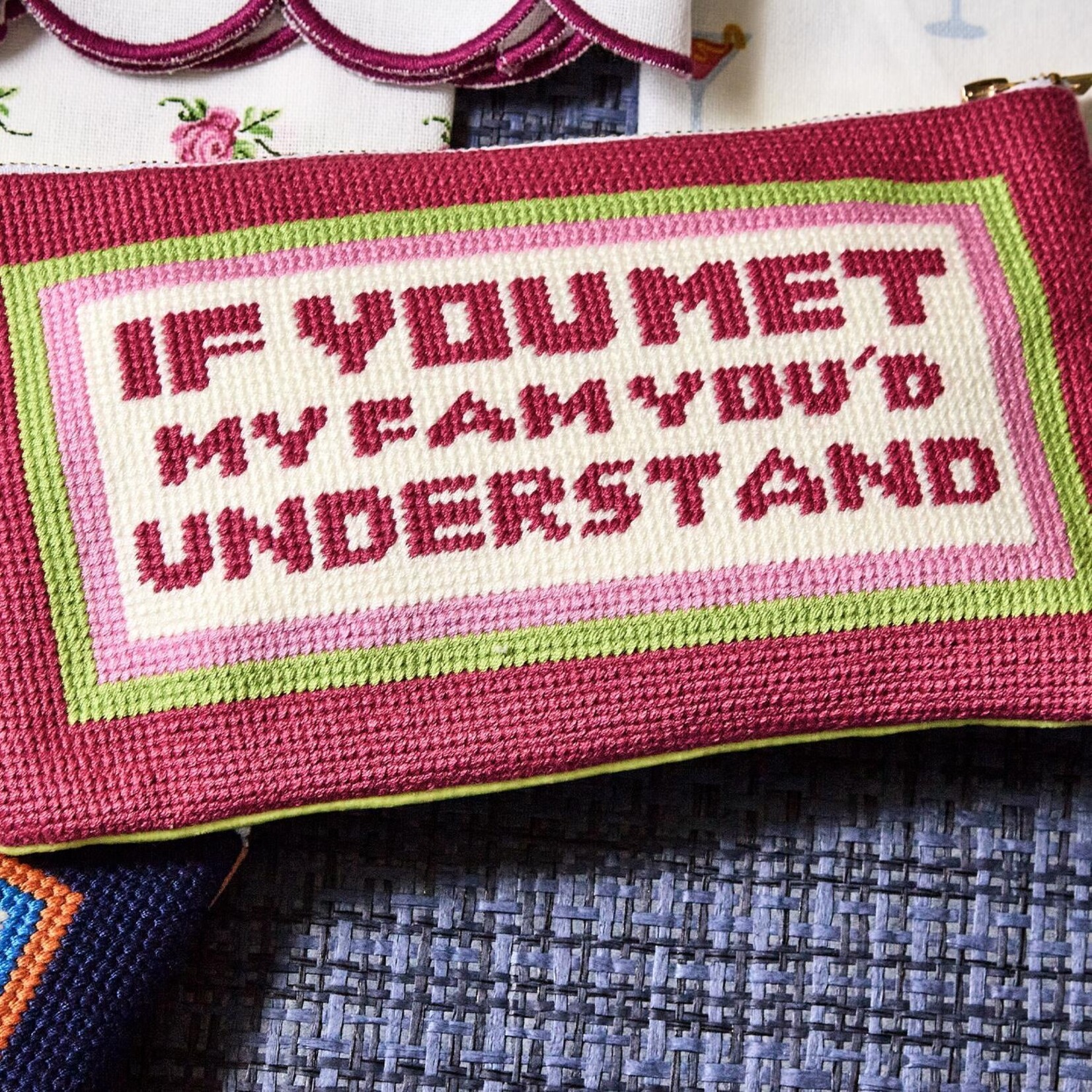 Two's Company "If You Met My Family" Multipurpose Needlepoint Pouch with Bird Charm Zipper Pull Designed by Boyar Gifts NYC