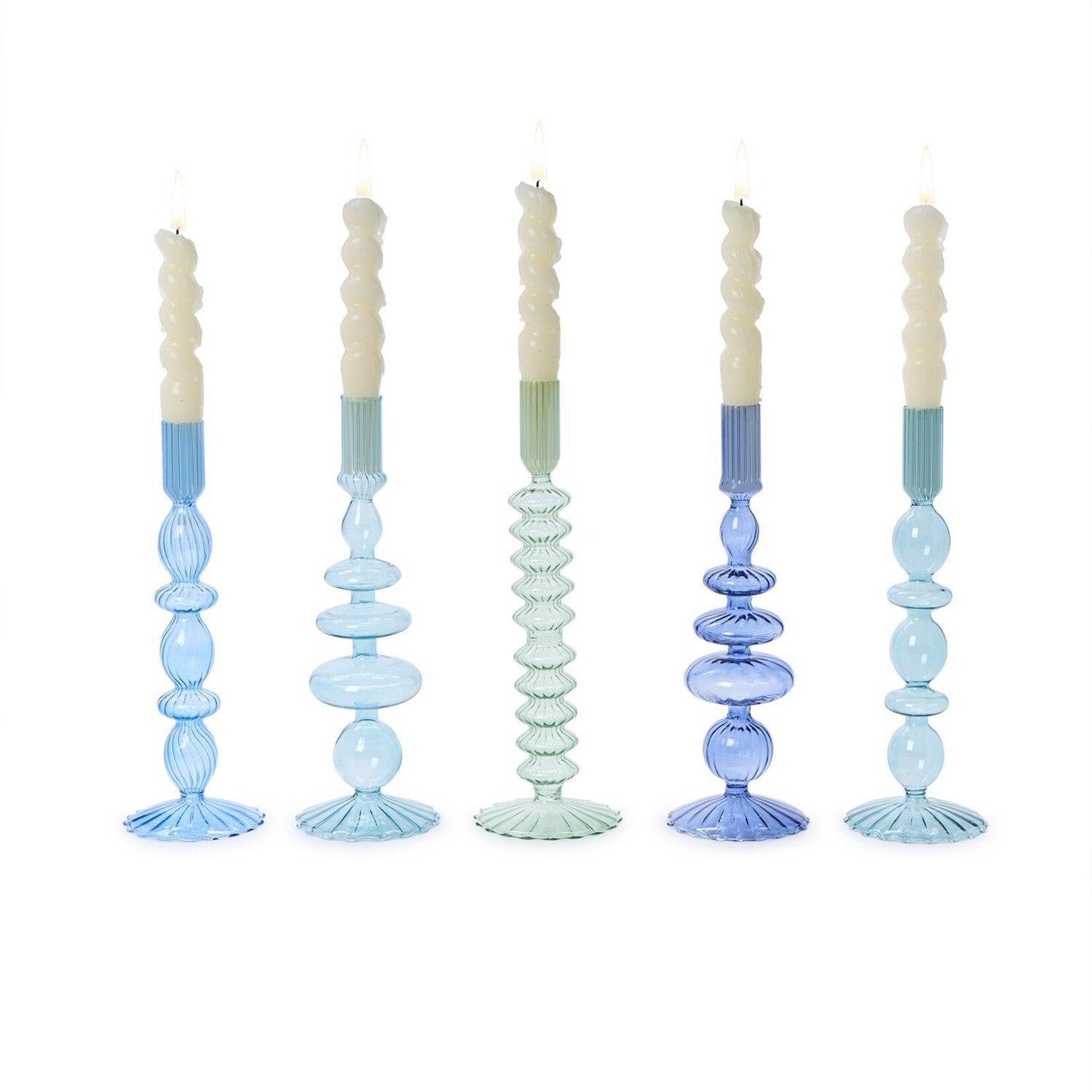 Two's Company Shades of Blue Hand-Blown Glass Tapered Candlestick Candleholders - Hand-Blown Glass