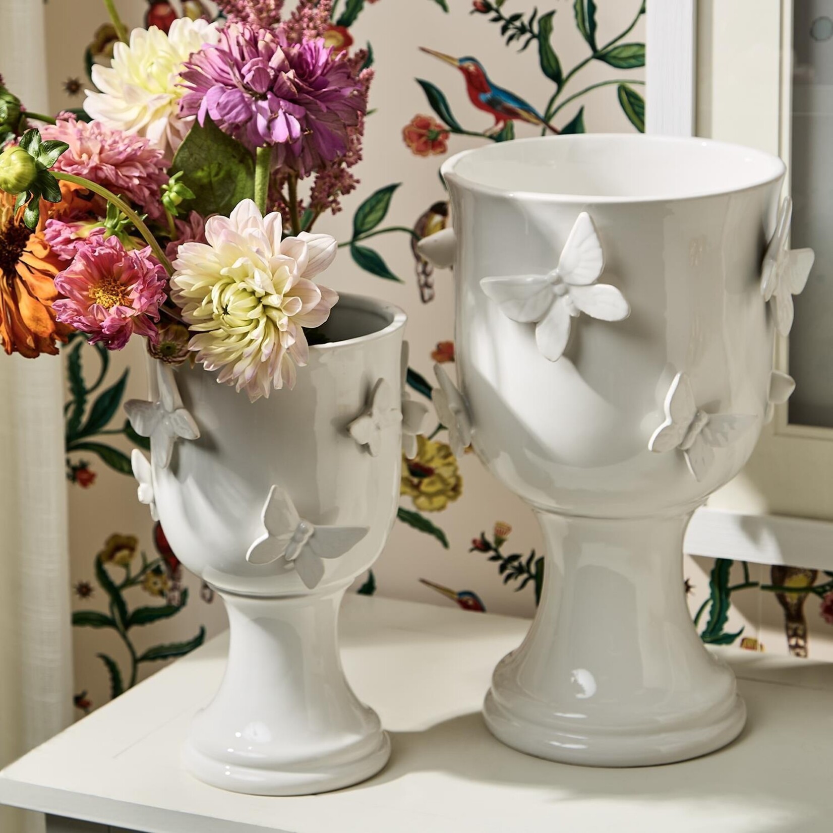 Two's Company Butterfly Pedestal Cachepots with Sculpted Butterflies Small