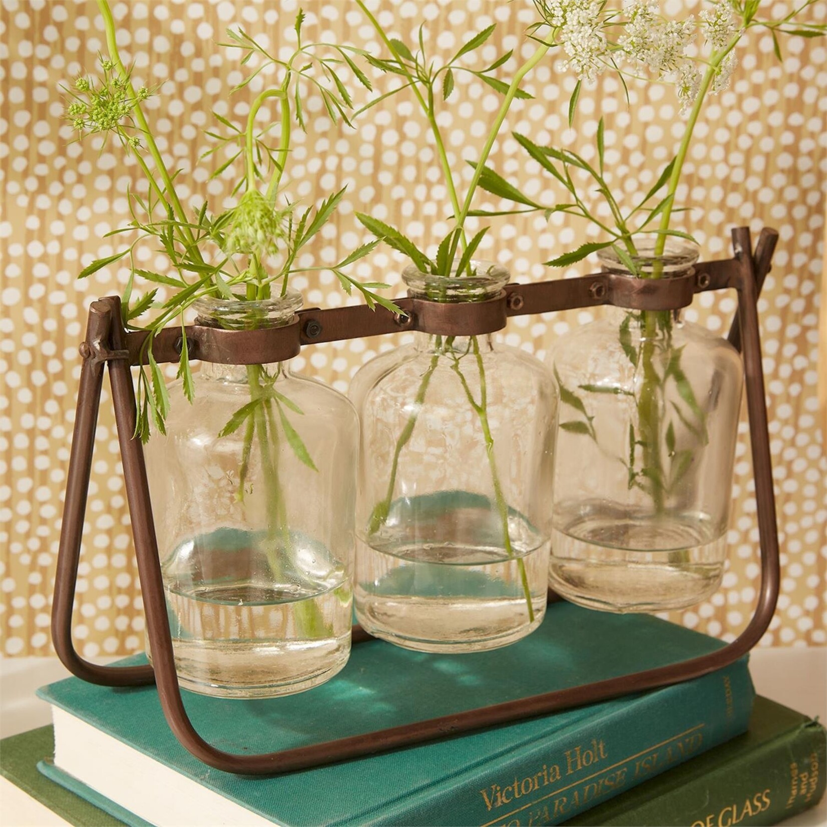 Two's Company Hinged Flower Arranger with 3 Glass Bottle Vases on Metal Stand