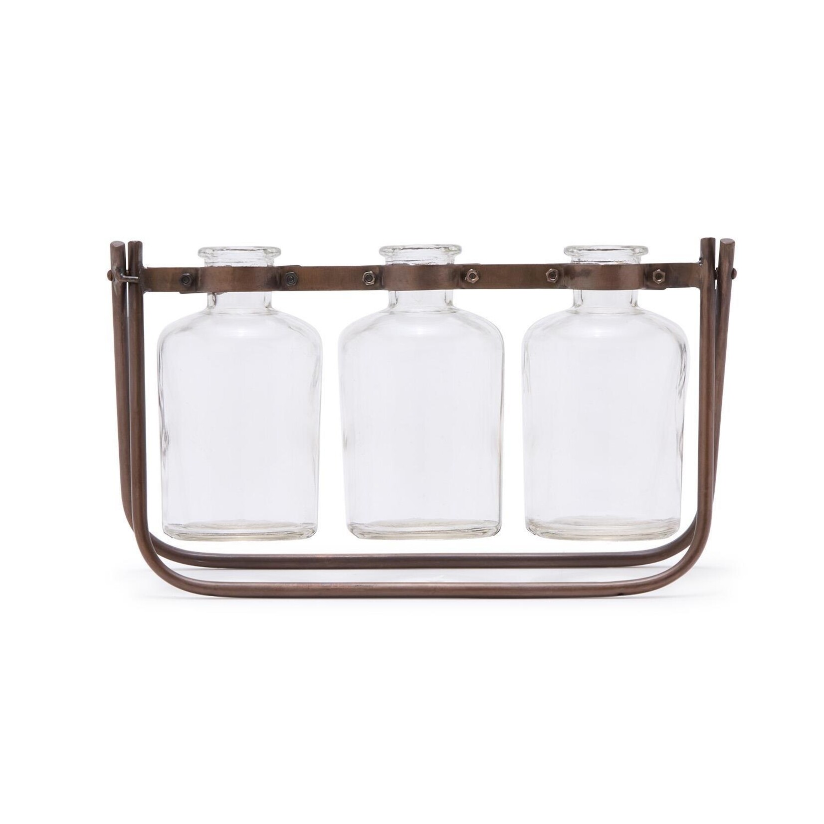 Two's Company Hinged Flower Arranger with 3 Glass Bottle Vases on Metal Stand