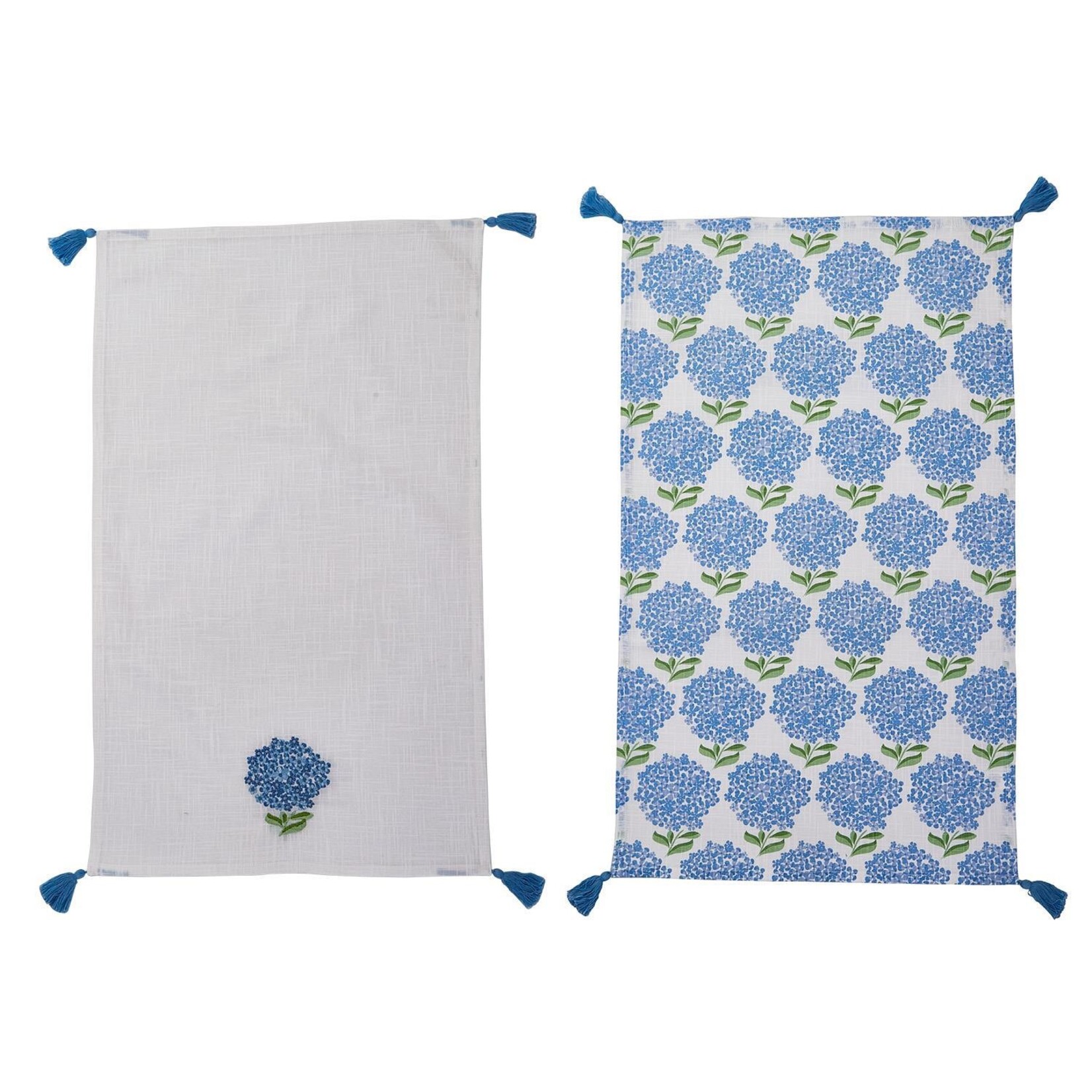 Two's Company Hydrangea Set of 2 Dish Towels with Decorative Tassels