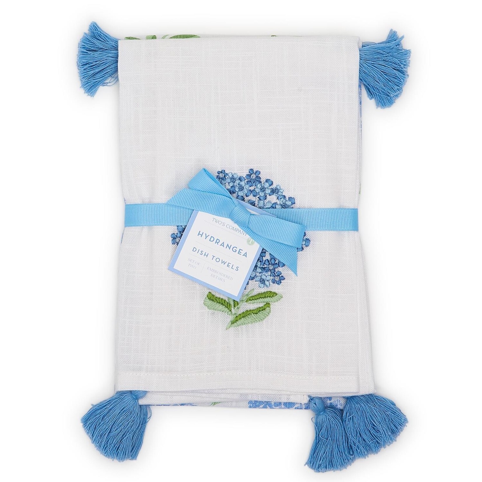 Two's Company Hydrangea Set of 2 Dish Towels with Decorative Tassels