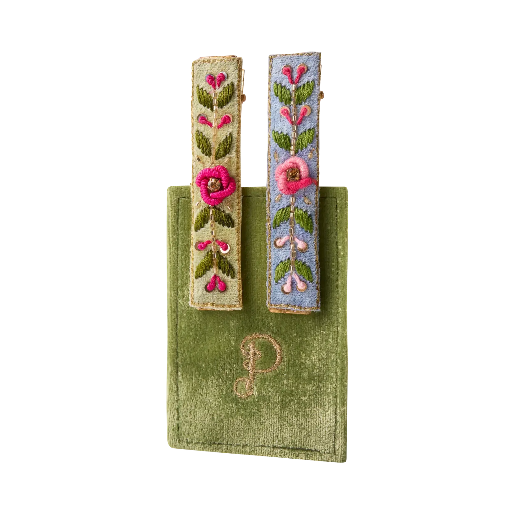 Powder Embroidered Hair Bars Mint/Cornflower Floral Vine