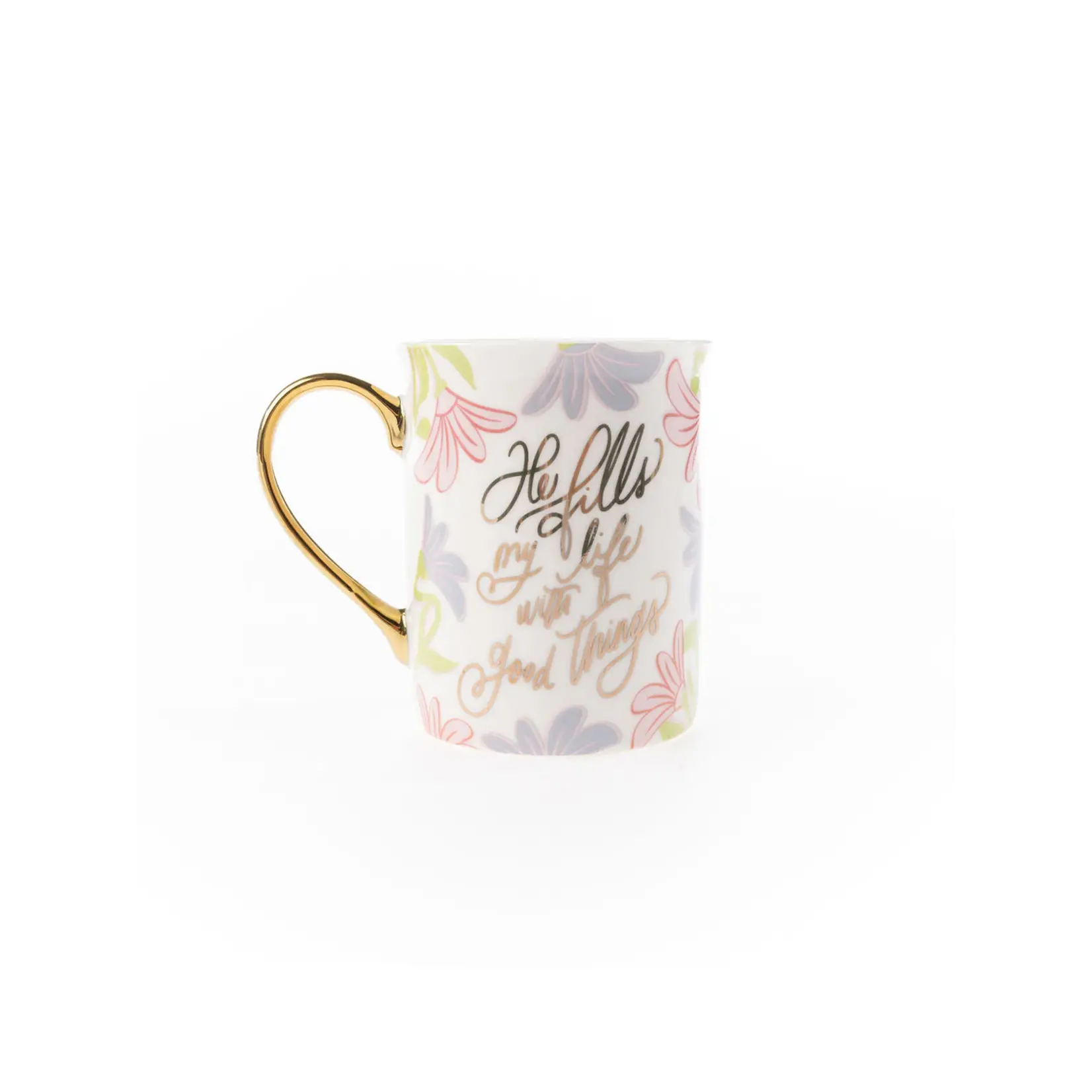 Mary Square He Fills My Life with Good Things Gold Handle Ceramic Mug