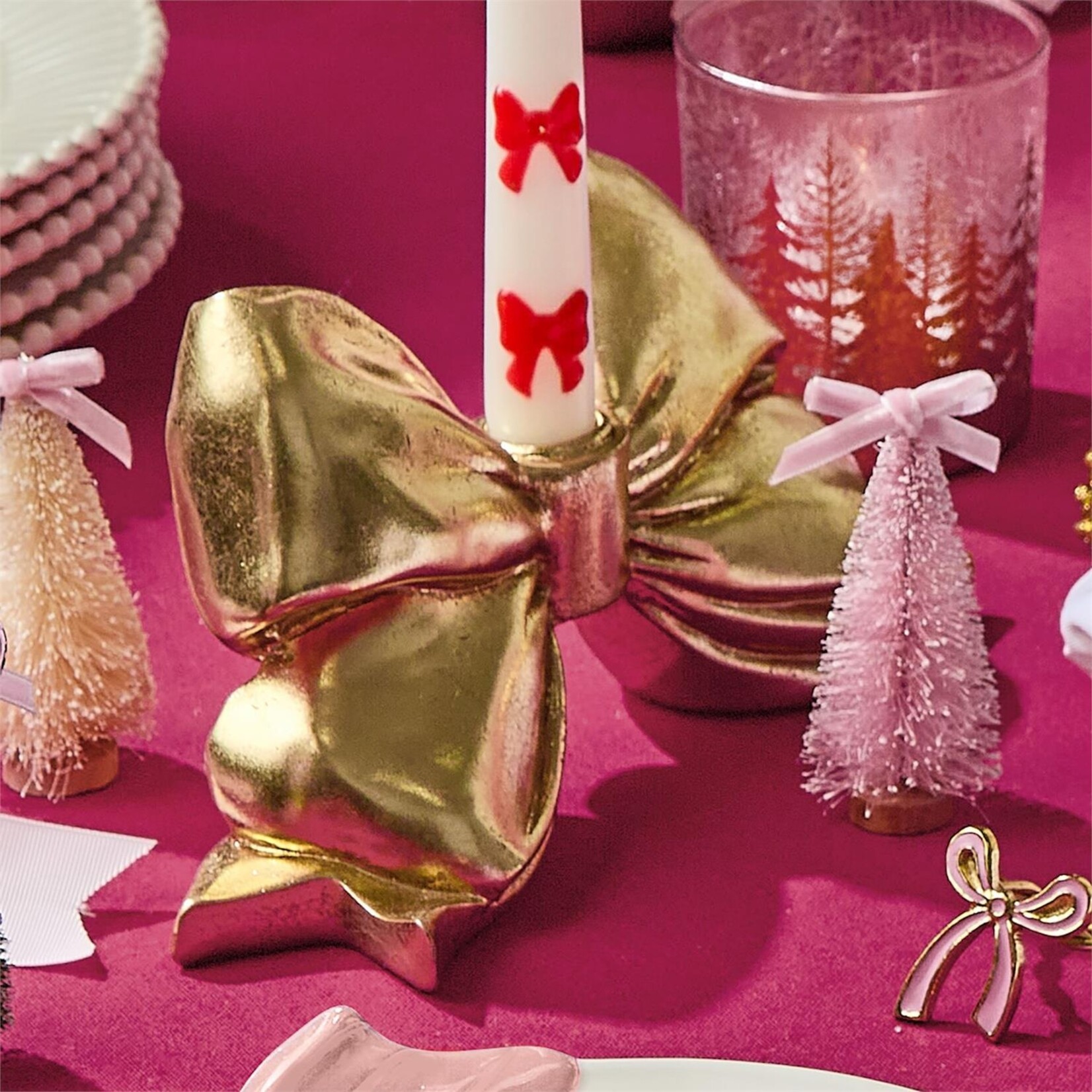 Two's Company Large Gold Bow Taper Candleholder