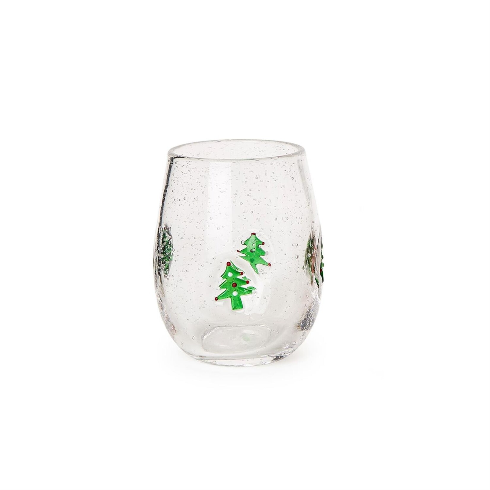 Two's Company Holiday Cheer Clear Stemless Wine Glass with Bubbles and Tree Icon