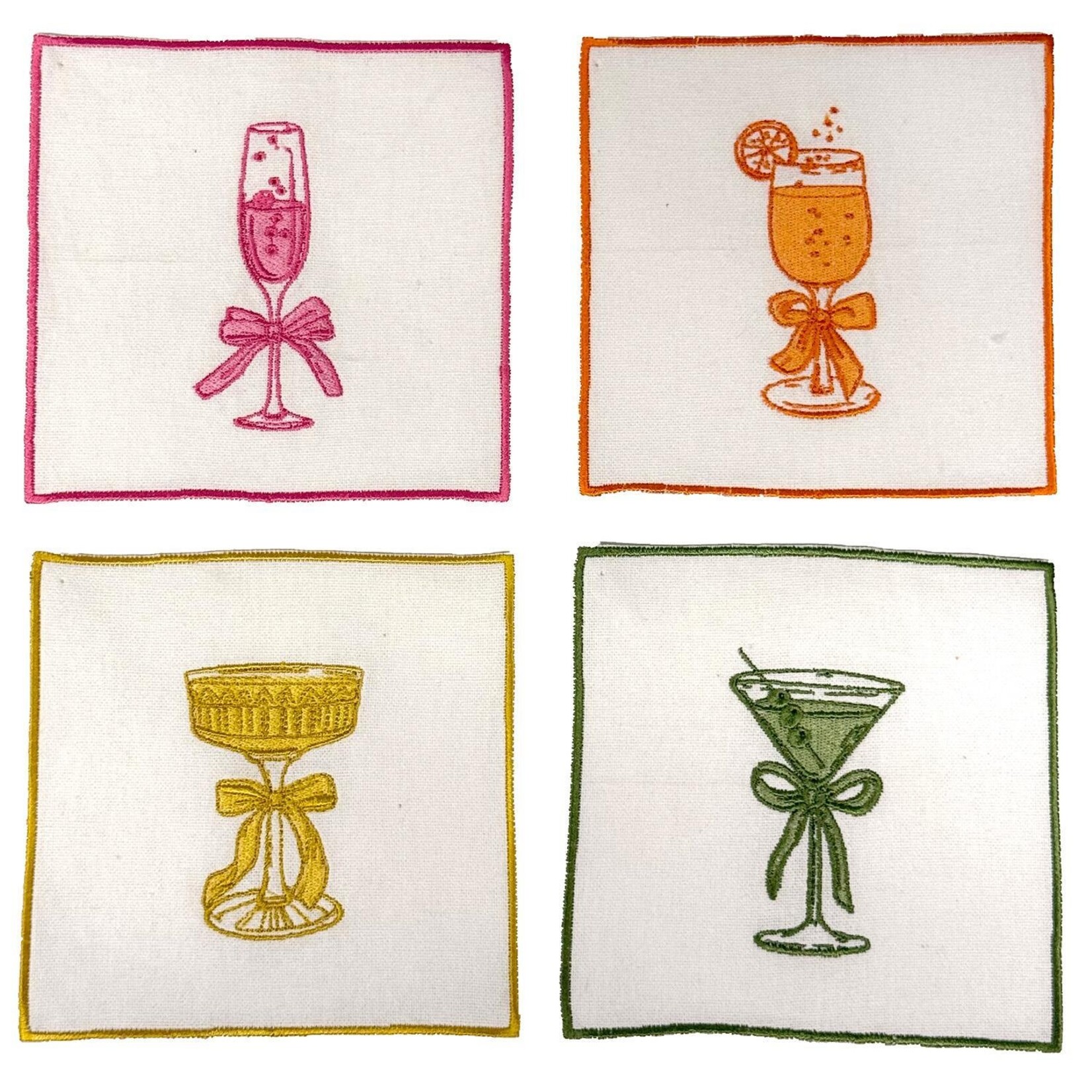 Two's Company Cheers Set of 4 Embroidered Cocktail Napkins with Merrow-Stitch Border