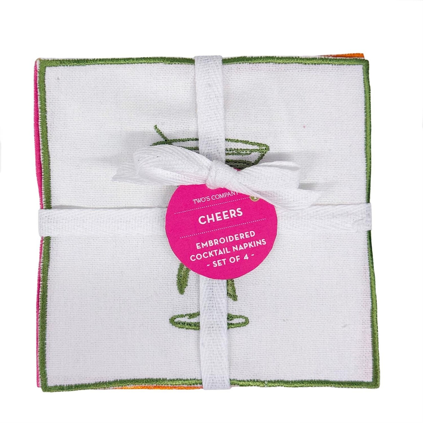 Two's Company Cheers Set of 4 Embroidered Cocktail Napkins with Merrow-Stitch Border