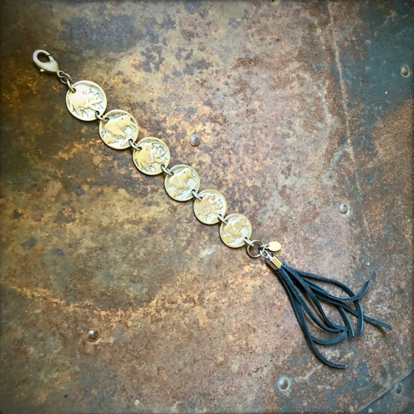 Astali Buffalo Nickel & Leather Tassel Bracelet-Black, Western Medium 8"