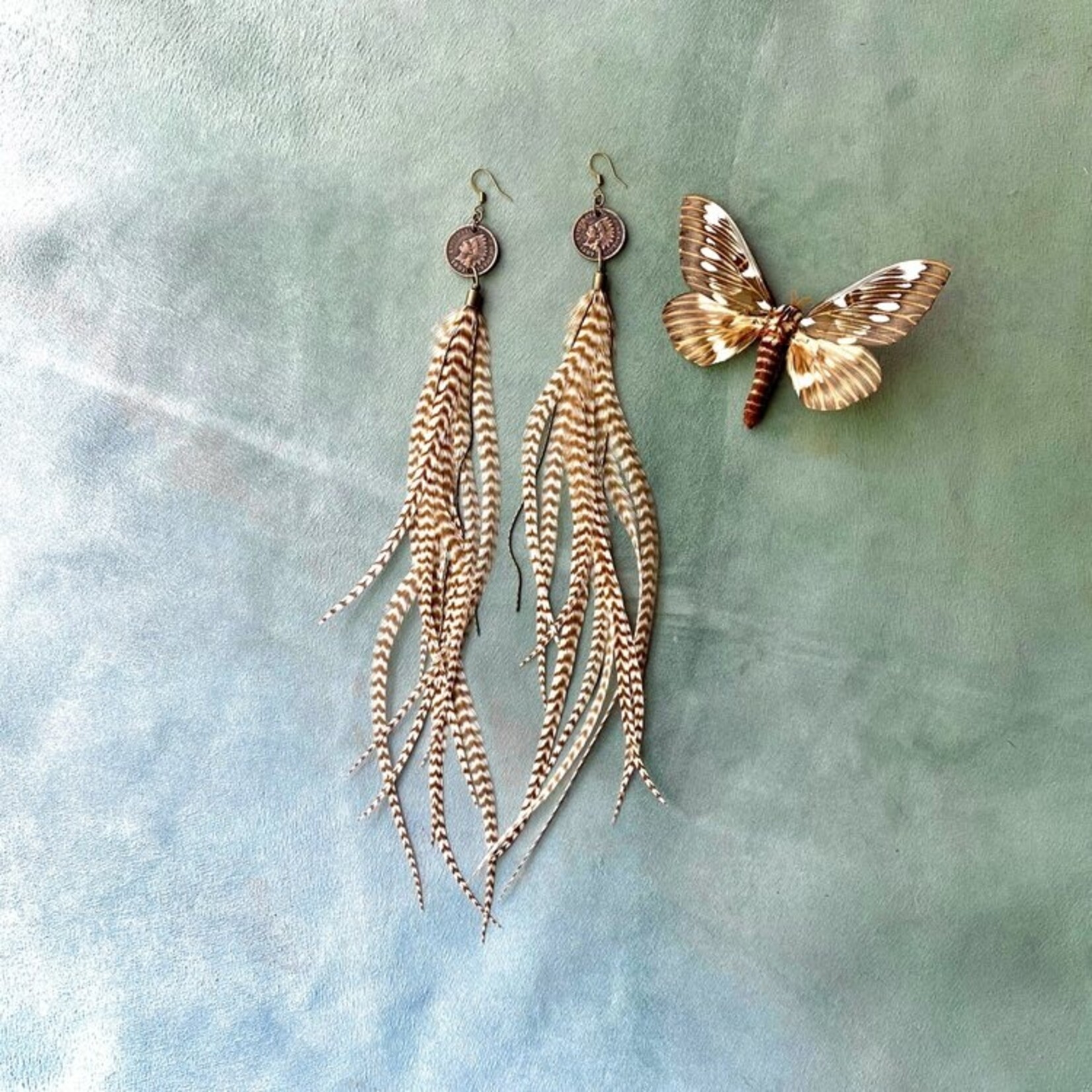 Astali Indian Cent & Long Feather Earrings-Ginger Grizzly, Western