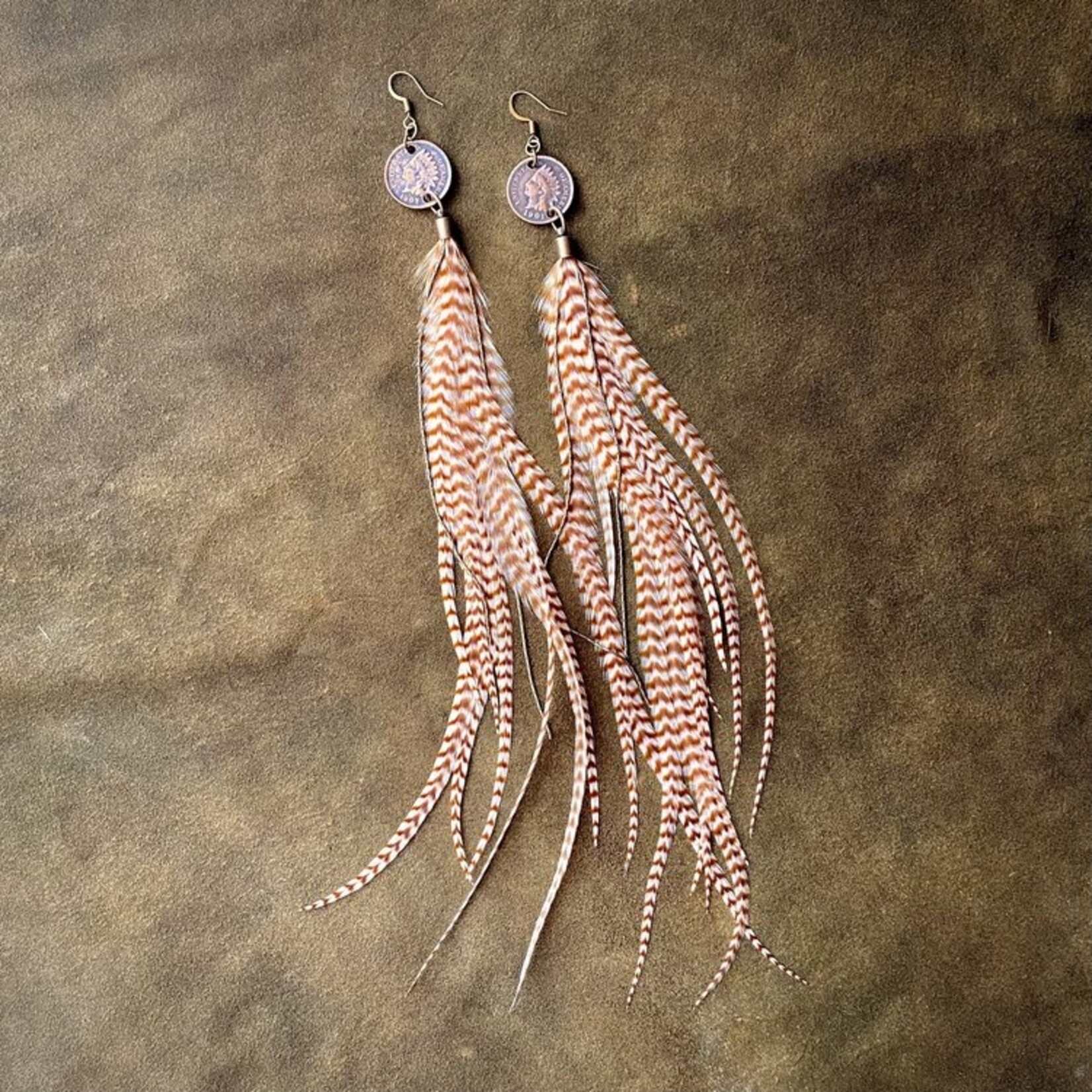 Astali Indian Cent & Long Feather Earrings-Ginger Grizzly, Western