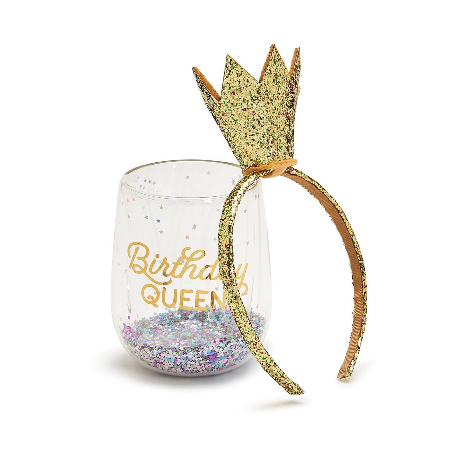 Two's Company Birthday Queen Double Wall Glitter Stemless Wine Glass and Glitter Crown Headband
