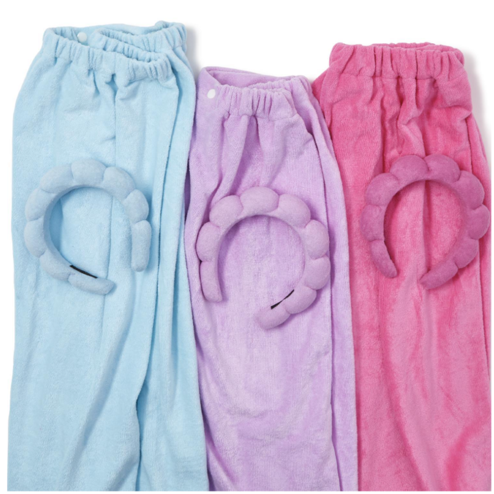 Two's Company Spa Time Headband and Snap Closure Wrap Towel Set in Matching Terry Cloth