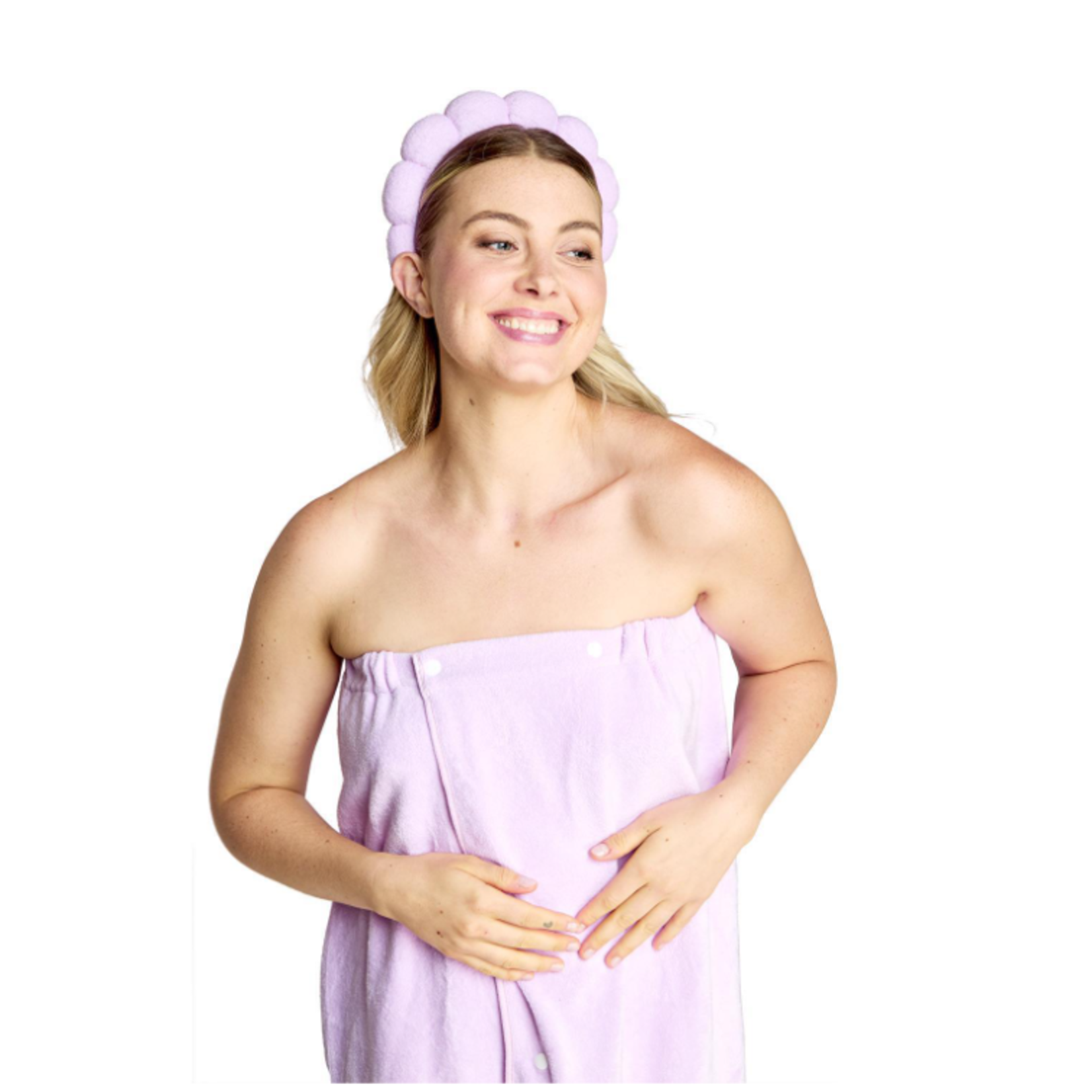 Two's Company Spa Time Headband and Snap Closure Wrap Towel Set in Matching Terry Cloth